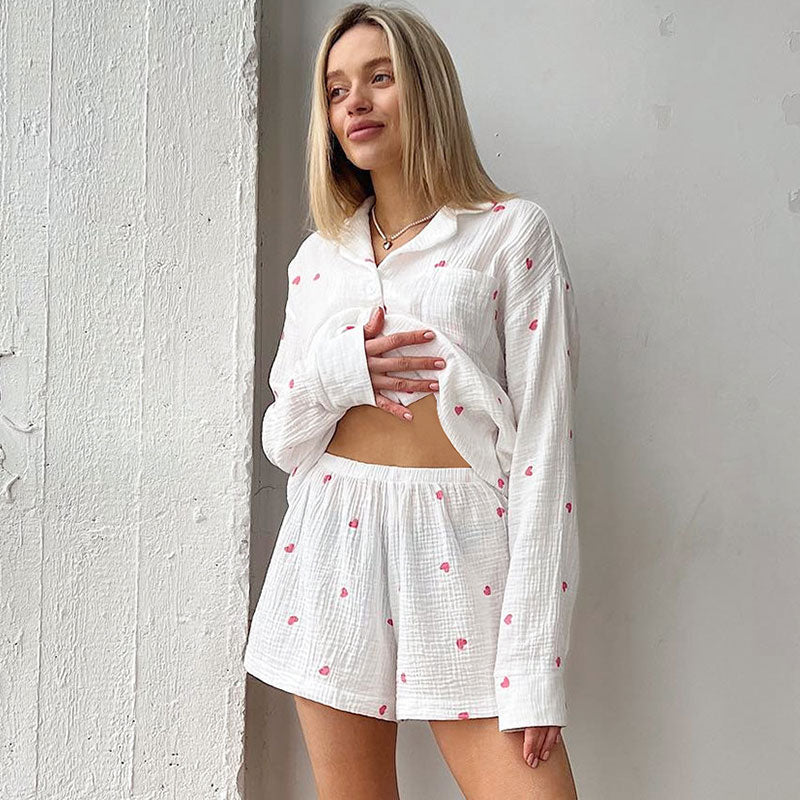 Cute Heart Print Collar Long Sleeve High Rise Shorts Cotton Gauze Lounge Set