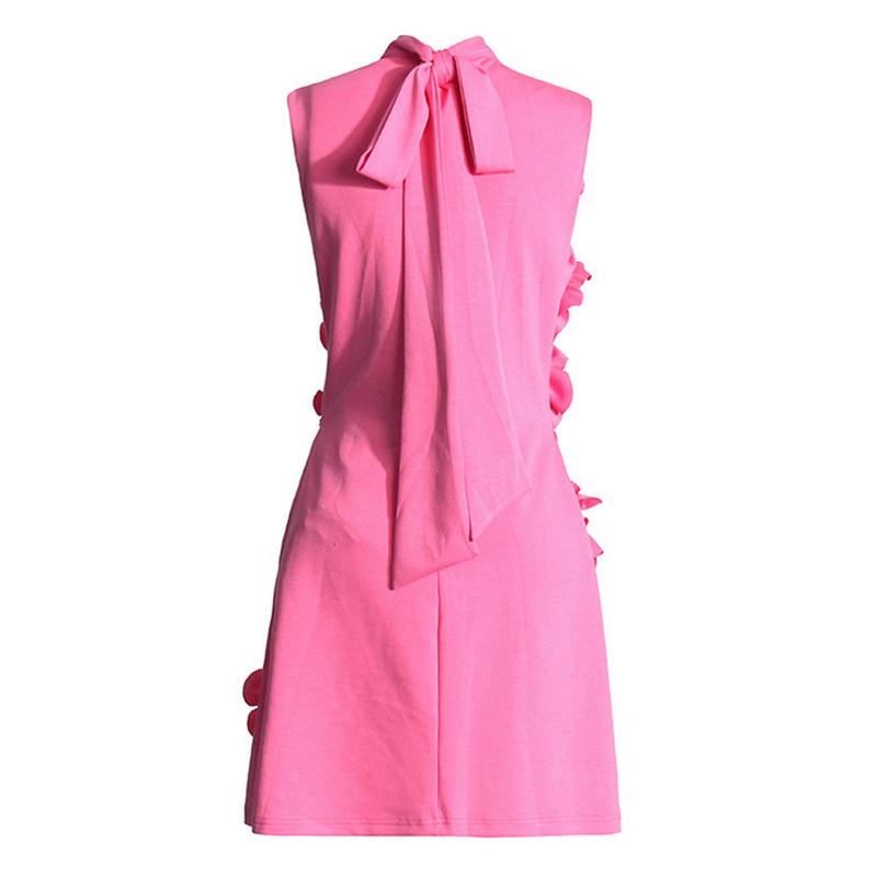 Cute Mock Neck Bow Tie Back Sleeveless A Line Rosette Mini Dress