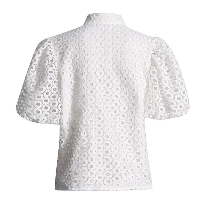 Cute Rosette Stand Collar Puff Sleeve Button Down Guipure Lace Cutwork Blouse