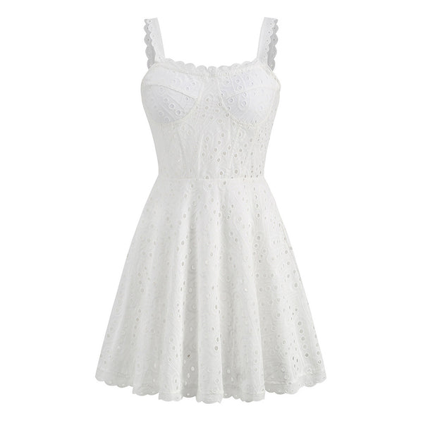 Cute Scalloped Sweetheart Belted Fit & Flare Smocked Broderie Anglaise Mini Sundress