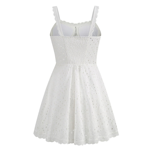 Cute Scalloped Sweetheart Belted Fit & Flare Smocked Broderie Anglaise Mini Sundress