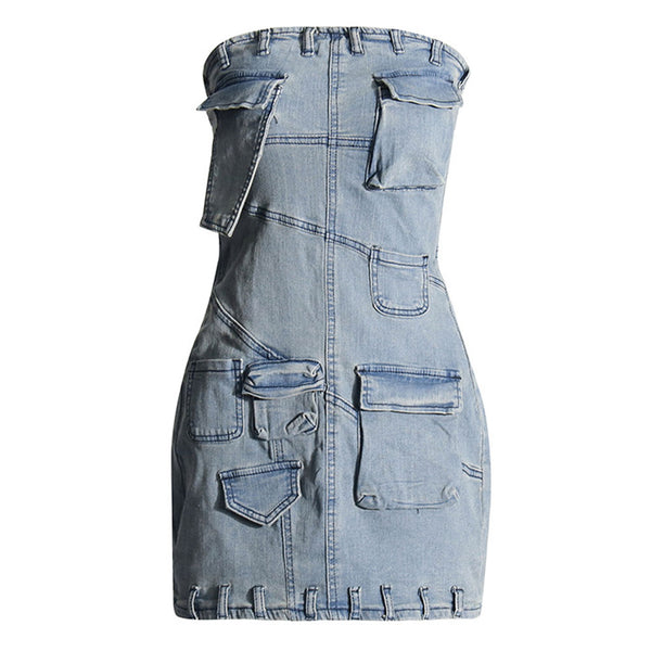 Deconstructed Cargo Pocket Belt Loop Tube Bodycon Mini Jean Dress