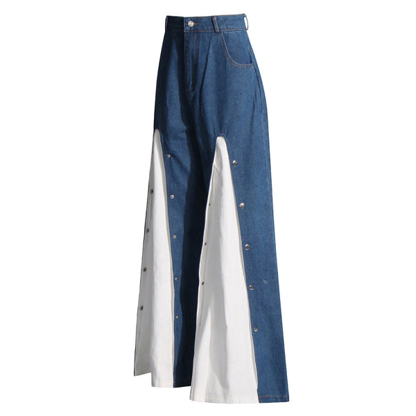 Deconstructed High Waist Contrast Godet Button Up Wide Leg Denim Jeans