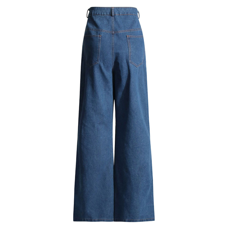 Deconstructed High Waist Contrast Godet Button Up Wide Leg Denim Jeans