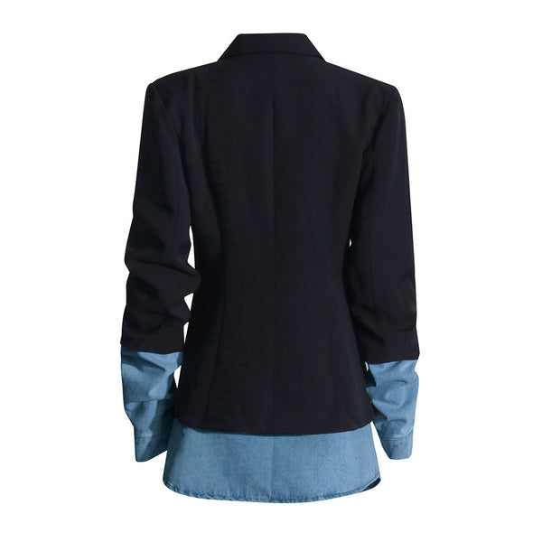 Deconstructed Lapel Collar Long Sleeve Single Breasted Denim Hybrid Blazer