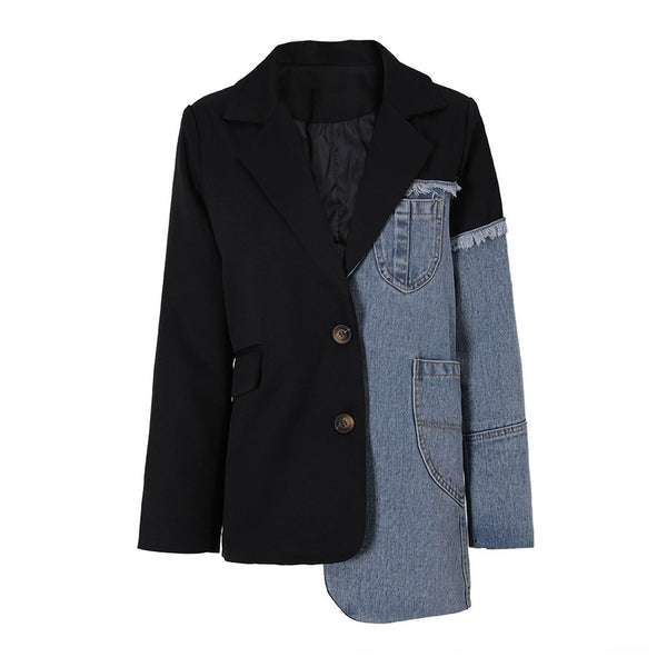 Deconstructed Lapel Long Sleeve Single Breasted Frayed Denim Hybrid Blazer