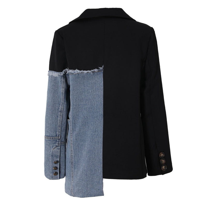 Deconstructed Lapel Long Sleeve Single Breasted Frayed Denim Hybrid Blazer