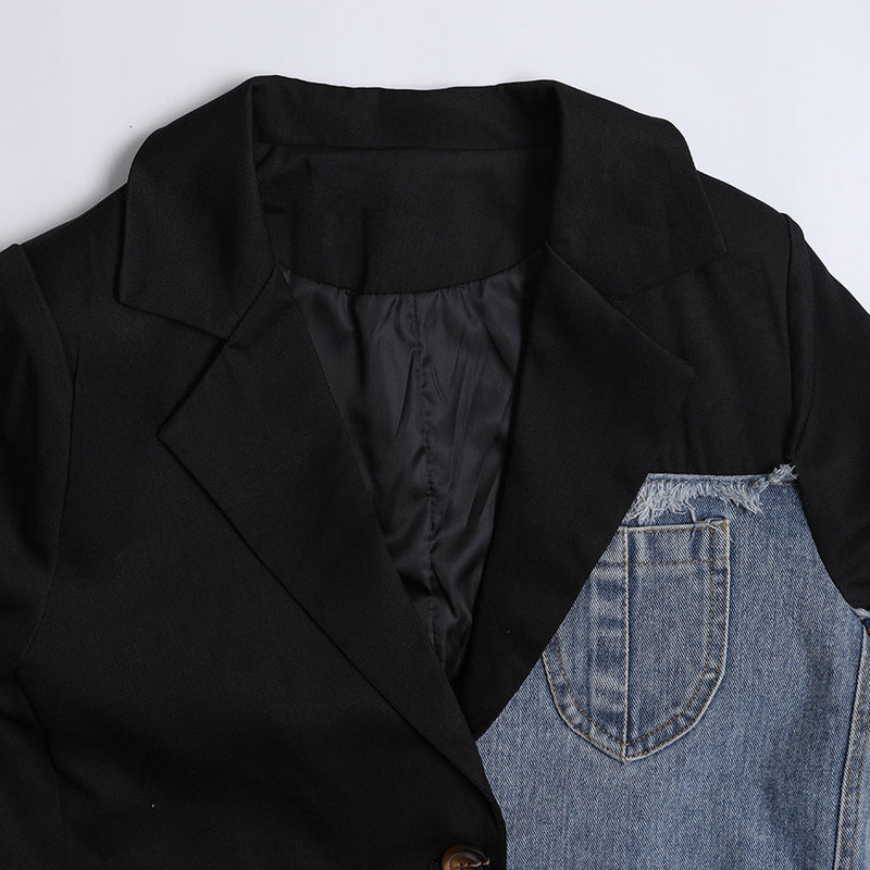 Deconstructed Lapel Long Sleeve Single Breasted Frayed Denim Hybrid Blazer