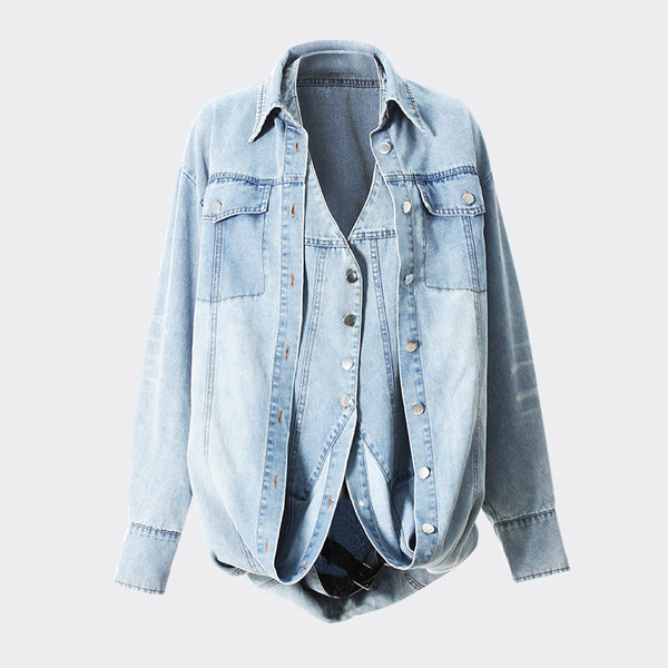 Deconstructed Layer Reversible Button Up Strap Backless Denim Vest Jacket