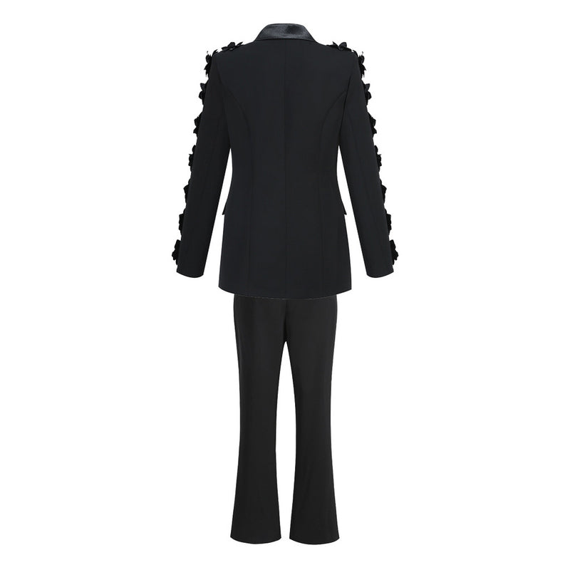 Demure Bootcut Pants Lapel One Button Pearly Rosette Blazer Matching Suit