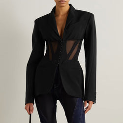 Distinct Lapel Hook and Eye Sheer Mesh Corset Shoulder Pad Long Sleeve Tailored Blazer