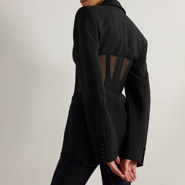 Distinct Lapel Hook and Eye Sheer Mesh Corset Shoulder Pad Long Sleeve Tailored Blazer