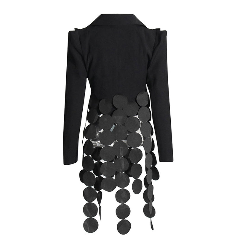 Distinctive Lapel Strong Shoulder Cinch Waist Laser Cut Circle Fringe Blazer