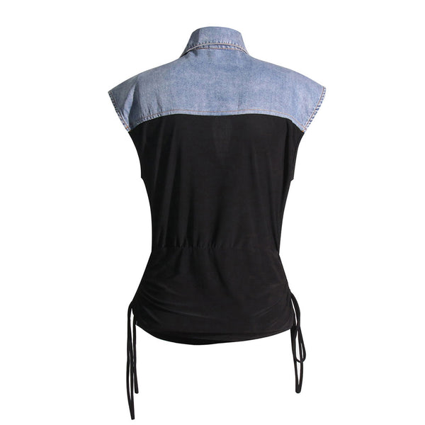 Diverse Button Collared Cutout Draped Ruched Tie Side Sleeveless Denim Hybrid Top