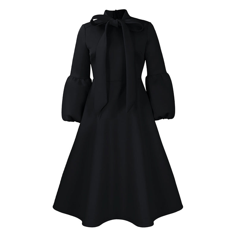 Dramatic Bow Tie Neck Balloon Sleeve Fit and Flare Scuba Midi Dress