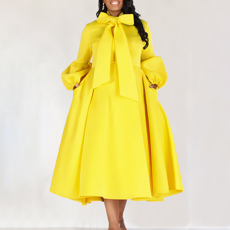 Dramatic Bow Tie Neck Balloon Sleeve Fit and Flare Scuba Midi Dress