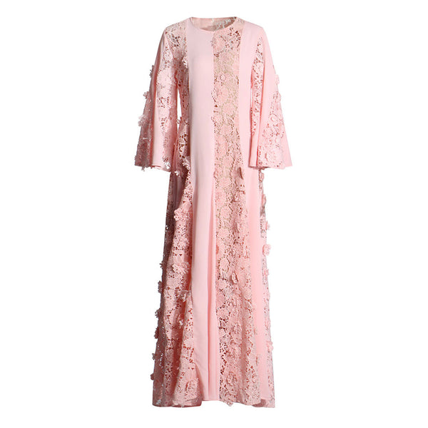 Dramatic Crew Neck Fluted Sleeve A Line Chiffon Panel Cutwork Lace Maxi Dress