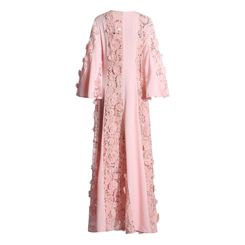 Dramatic Crew Neck Fluted Sleeve A Line Chiffon Panel Cutwork Lace Maxi Dress