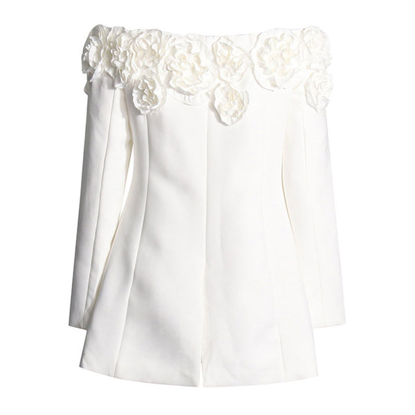 Dreamy Rosette Applique Off Shoulder Button Up Long Sleeve Tailored Blazer