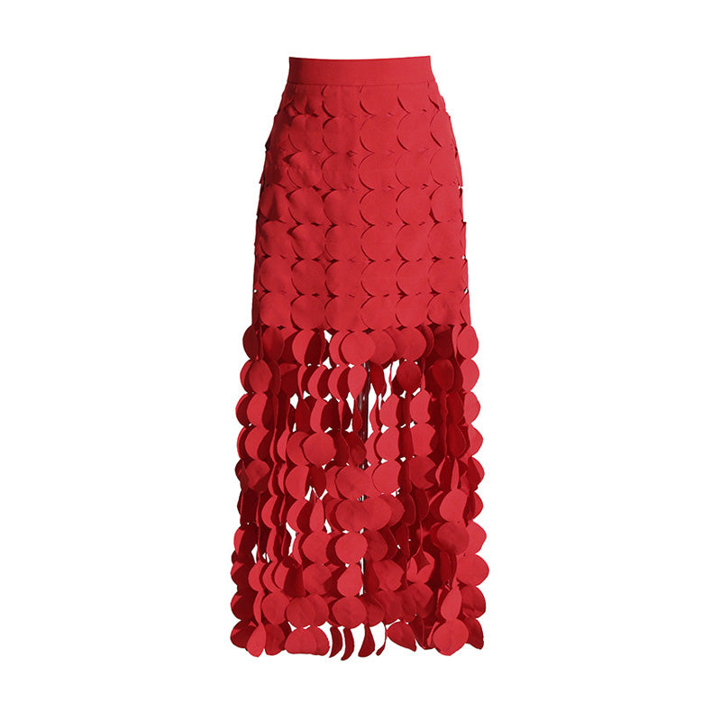 Dynamic High Waist Laser Cut Multi Circle Fringe Layered Maxi Skirt