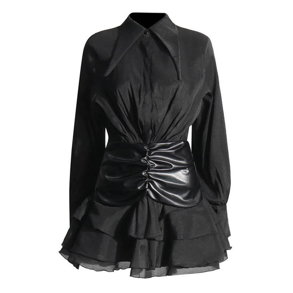 Edge Pointed Collar Vegan Leather Panel Ruched Tiered Mini Shirt Dress