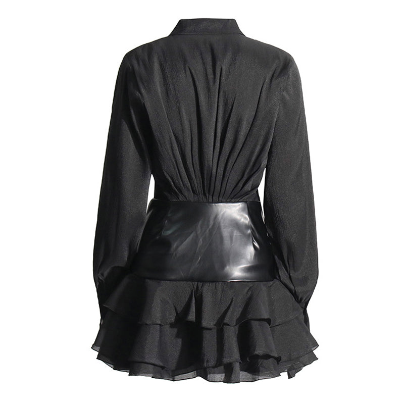 Edge Pointed Collar Vegan Leather Panel Ruched Tiered Mini Shirt Dress