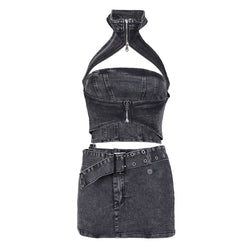 Edge Zipper Cutout Halter Denim Crop Top and Belted Mini Denim Skirt Matching Set