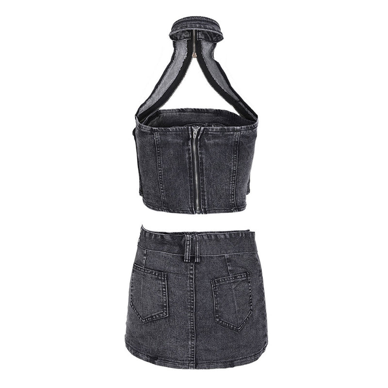 Edge Zipper Cutout Halter Denim Crop Top and Belted Mini Denim Skirt Matching Set