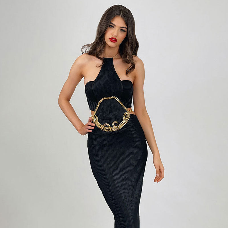 Edgy Chain Linked Halter Backless Cut Out Slit Textured Bandage Maxi Evening Dress