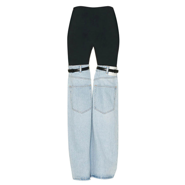 Edgy Stretched Panel Mid Waist Belted Hybrid Flared Jeans