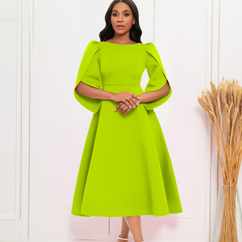 Elegant Boat Neck Tulip Sleeve Fit and Flare Midi Cocktail Dress