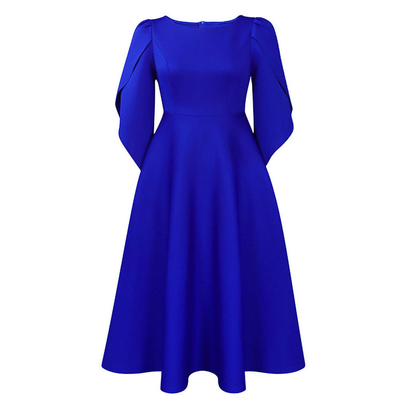 Elegant Boat Neck Tulip Sleeve Fit and Flare Midi Cocktail Dress