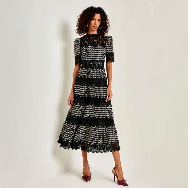 Elegant Contrast Lace Embroidery Half Sleeve Fit and Flare Cocktail Midi Dress