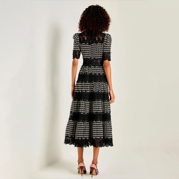 Elegant Contrast Lace Embroidery Half Sleeve Fit and Flare Cocktail Midi Dress