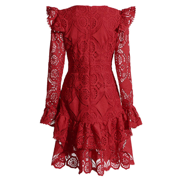 Elegant Crew Neck Bell Sleeve Ruffle Tiered Guipure Lace Mini Dress