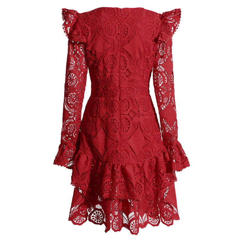 Elegant Crew Neck Bell Sleeve Ruffle Tiered Guipure Lace Mini Dress