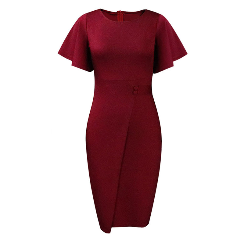 Elegant Crew Neck Short Flared Sleeve Button Trim Pencil Midi Dress