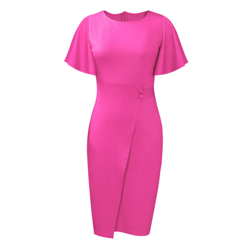 Elegant Crew Neck Short Flared Sleeve Button Trim Pencil Midi Dress