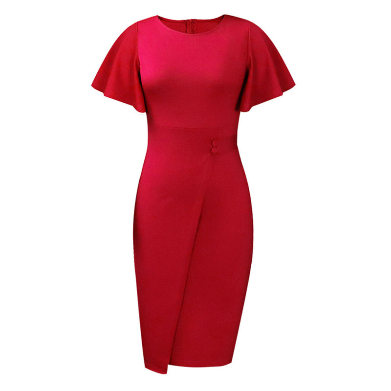 Elegant Crew Neck Short Flared Sleeve Button Trim Pencil Midi Dress