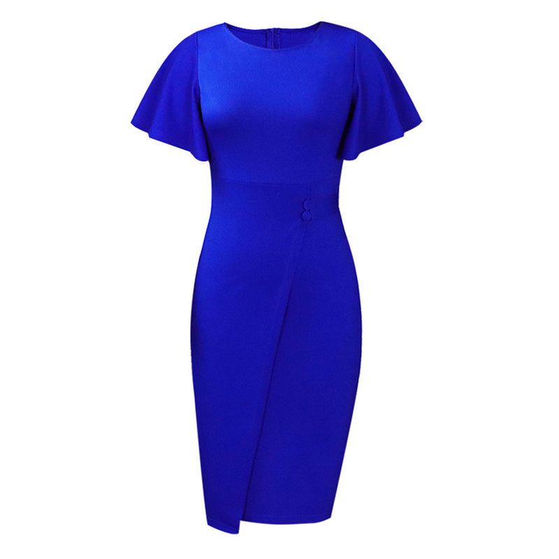 Elegant Crew Neck Short Flared Sleeve Button Trim Pencil Midi Dress