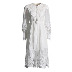 Elegant Crew Neck Tie Front Guipure Lace Button Up Pleated Shirt Midi Dress