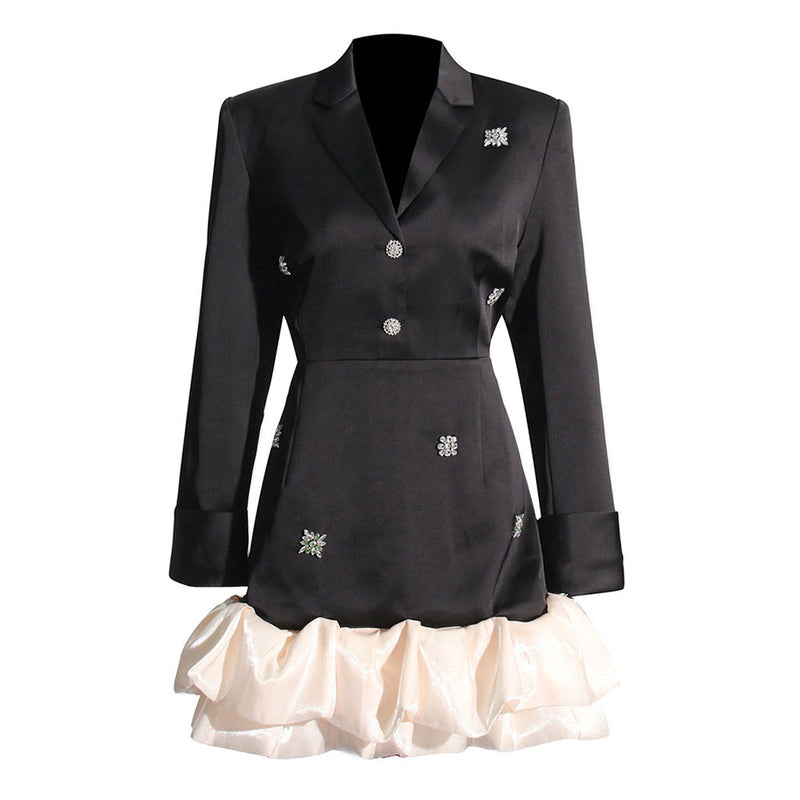 Elegant Crystal Button Up Lapel Collar Organza Ruffle Mini Satin Blazer Dress