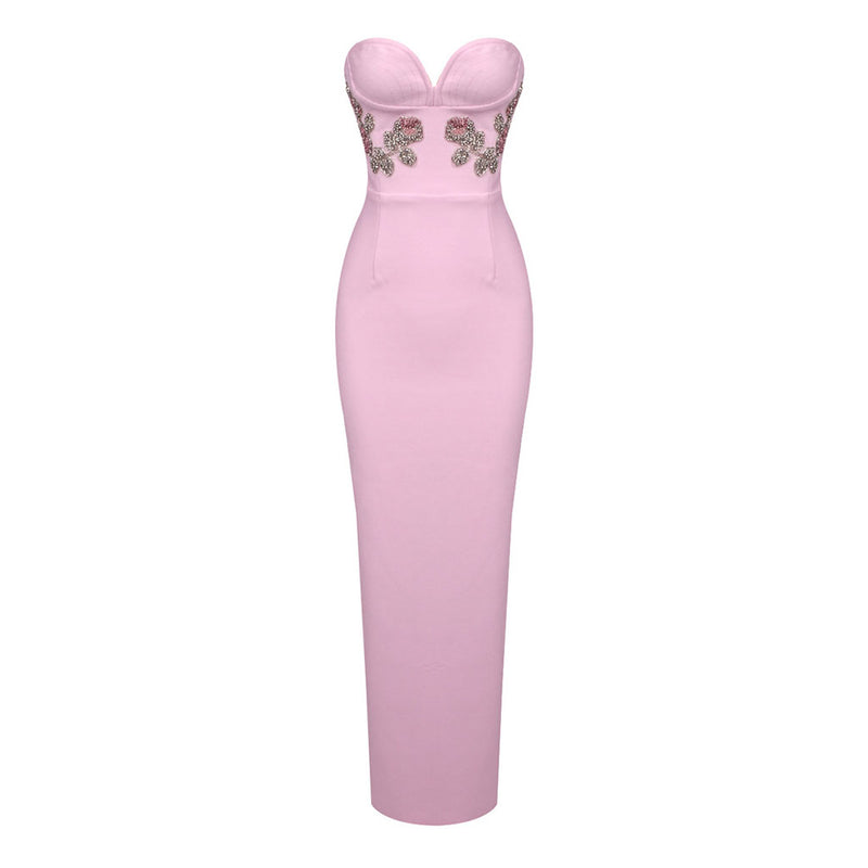 Elegant Crystal Floral Strapless Bustier Split Bodycon Bandage Maxi Formal Dress