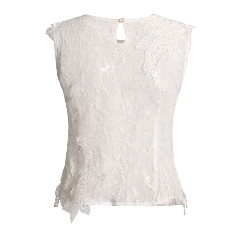 Elegant Floral Embroidered Crew Neck Semi Sheer Crop Lace Tank Top