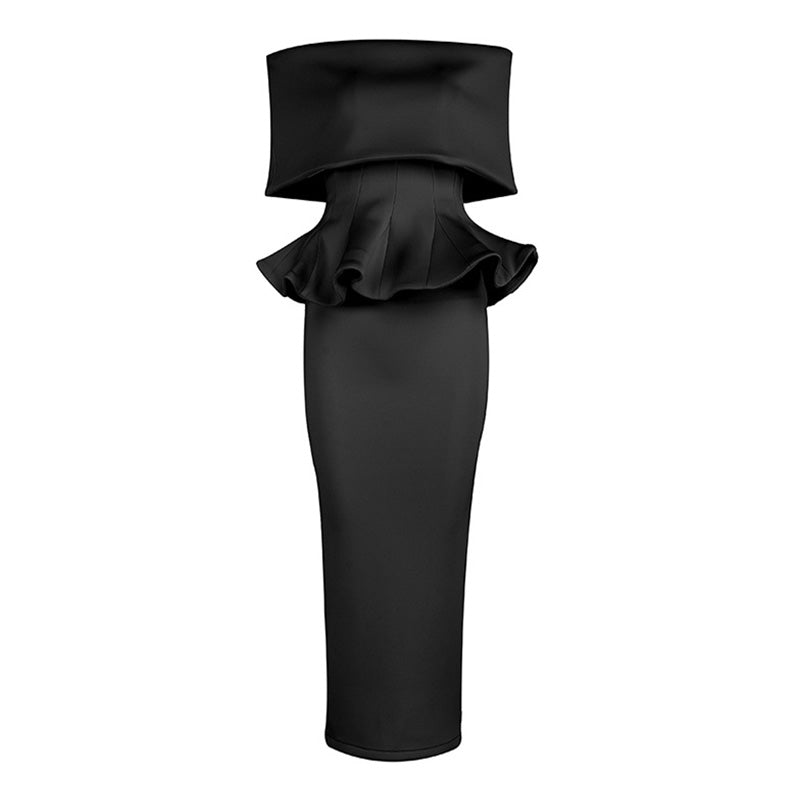 Elegant Foldover Off The Shoulder Peplum Sheath Slit Midi Cocktail Dress