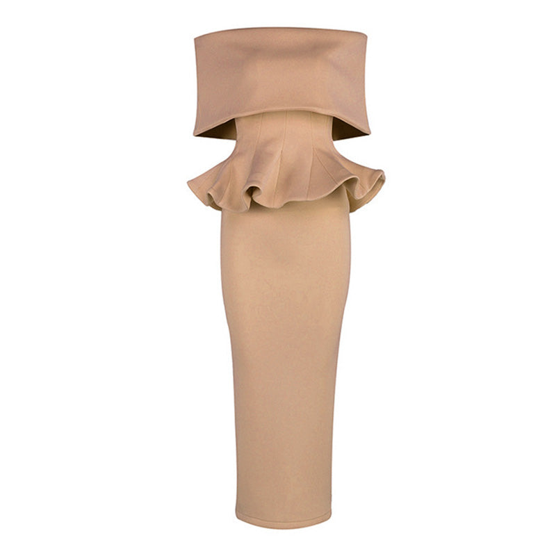 Elegant Foldover Off The Shoulder Peplum Sheath Slit Midi Cocktail Dress