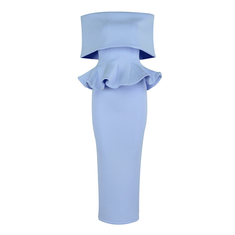 Elegant Foldover Off The Shoulder Peplum Sheath Slit Midi Cocktail Dress