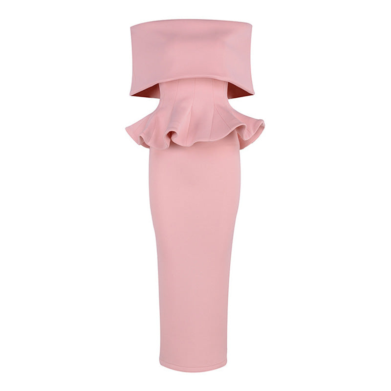 Elegant Foldover Off The Shoulder Peplum Sheath Slit Midi Cocktail Dress