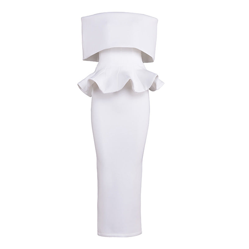 Elegant Foldover Off The Shoulder Peplum Sheath Slit Midi Cocktail Dress
