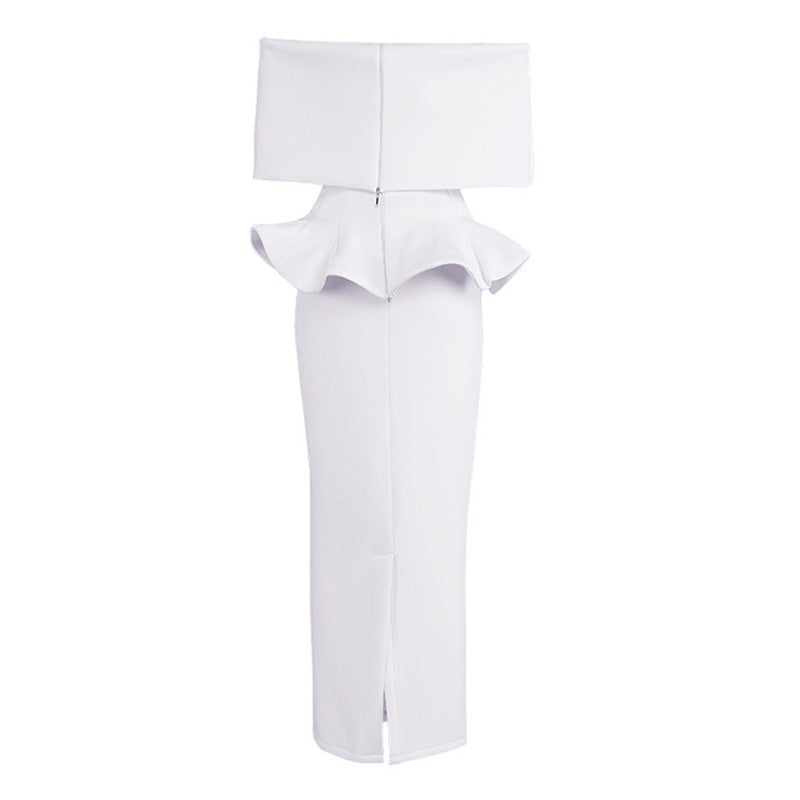 Elegant Foldover Off The Shoulder Peplum Sheath Slit Midi Cocktail Dress